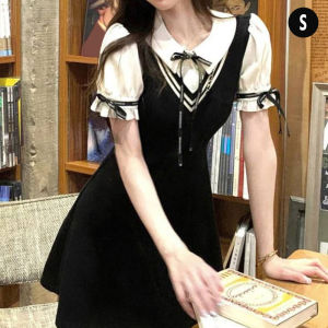 FASHLOVER Preppy Style Dress Women Fake Two Piece Dress Polo Collar Short Dress Splicing Waist Retraction
