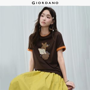 Giordano Women 100% cotton sea life applique embroidery tee Free Shipping 18326818