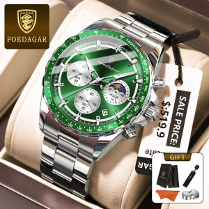 POEDAGAR Genuine Mens Watch Stainless Steel Strap Luminous Calendar Chronograph Multifunctional 100% Waterproof 879