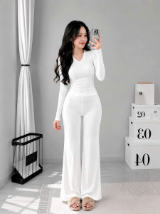 Set áo cổ tim tay dài kèm quần dài ống rộng KVYBODY S47 chất thun cotton borip lụa dày mịn co giãn