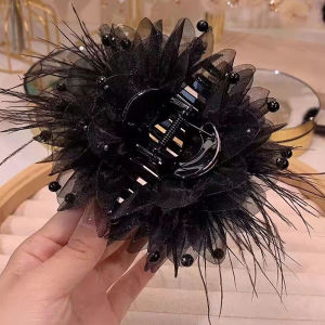 💕 Store opening 💕 Korean Women Fashion Mesh Flower Hair Accessories Organza s Black Feather Grip Shark Hair Clip Headwear