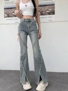 2023 New Jeans Womens Spring and Summer R Hot Girl Niche Design Irregular Slit Slightly Flared Long Pants