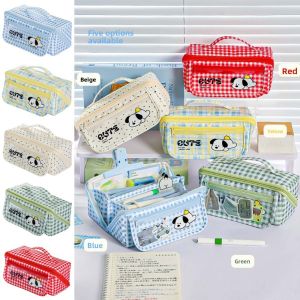 FOUNDTWO Kẻ sọc và chấm bi Hộp bút hình lăng kính Chó con Phong cách Hàn Quốc Túi đựng bút Túi mỹ phẩm Thẩm mỹ Túi văn phòng phẩm lưới