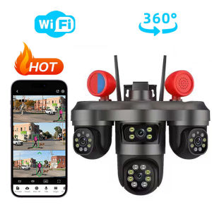 V380 12MP network camera is equipped with 3 pan-tilt zoom lenses a solar power supply system IP67-level waterproof rating built-in artificial intelligence human detection function and two-way audio transmission function.