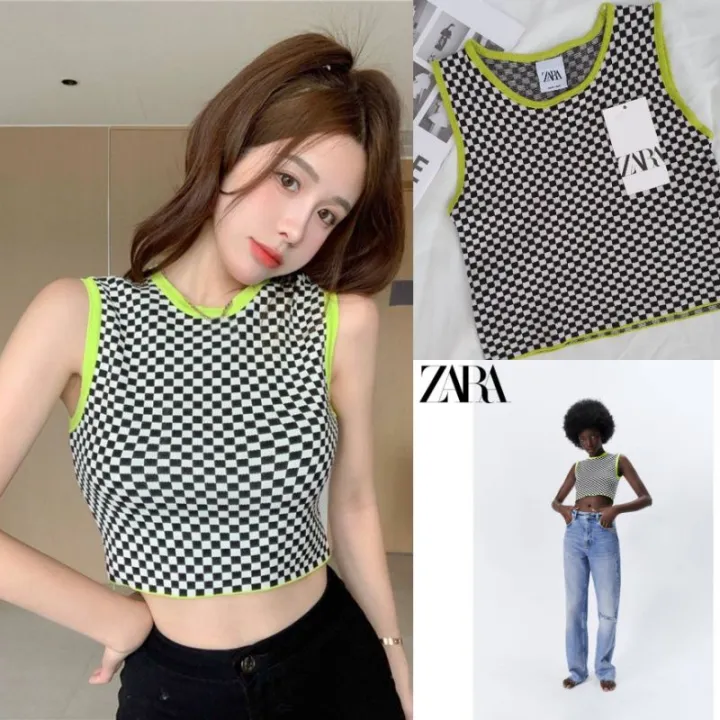 ครอปแขนกุดลายตาราง💚กุ๊นขอบสีเขียวเก๋สุด💙ผ้าknitทอแน่นหนา🌿งานป้ายห้อย ...