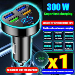 MADEIN GERMANY 5-Ports 300W USB car charger fast charging PD3.0 Fast USB Type C Super fast charging Scp Port USB Car Phone Charger For iPhone 15 16 Pro Max iPhone 14 13 12 Samsung S24 Ultra HUAWEI Mate40 HUAWEI P60 Pro iPad Pro car charger adapter 12V/24V