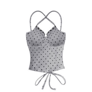 เสื้อครอปสายเดี่ยว สีพื้น คอวี มีบราในตัว แต่งห่วงโลหะกลางอก พิมพ์ลายจุดสีดำ ดีไซน์ร้อยสานเชือกด้านหลัง ผ้าสเปนเด็กซ์ ชุดไปทะเล #102