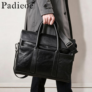 PADIEOE vegetable-tanned top-grain cowhide handbag - high-end fashionable genuine leather briefcase for business and casual wear - simple and elegant mens bag