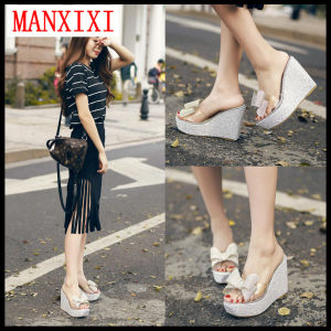 MANXIXI Brand Korean Version Fashion Bow-knot Inlay Wedge Sandals 4.72 Inches High Heels Slippers Shoes For Women (34-40 Size)
