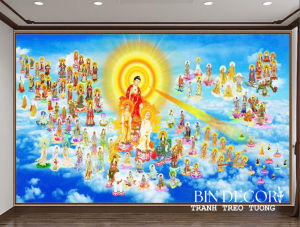 (ẢNH THẬT) Tranh dán tường tây phương cực lạc tranh phật giáo trang trí decor phòng thờ sẵn keo