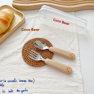 Thìa Dĩa inox Coco Bear Cho bé ăn DặmBộ Thìa dĩa tập xúc đầu inox cán silicone nhà Coco Bear