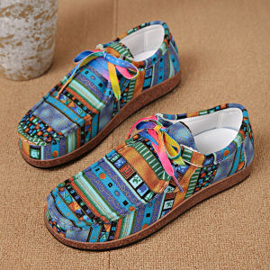 Plus Size Ethnic Style Casual WomenS Shoes Colorful Lace-Up Graffiti Low-Top Canvas Flat Shoes