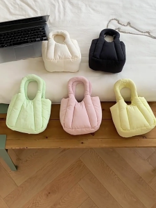 Women Fashionable Quilted Top Handle Small Handbag Solid Color Pleated Puffer Shoulder Crossbody Bag Purse with Chain