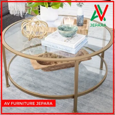 Meja Tamu Kaki Besi Top Kaca Atas Bawah - Coffe Table