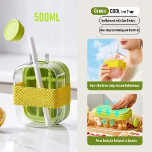 2 in1 Ice Cube Maker Bottle With Straw Ice Cube Molder Ice Lattice Tray Food-Grade Silicone Push-Type Ice Tray Mold Household Ice Storage And Ice Making Box With Lid Cube Maker Ball Mold Summer Cold Drinking Kettle