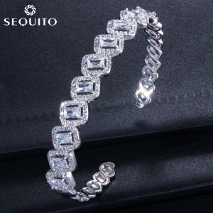 SEQUITO Exquisite Trendy Baguette Cuff Bracelet Inlay Cubic Zircon Adjustable Open Bangle Luxury Jewelry for Men Women B094