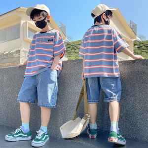 Tween Cậu bé Bộ quần áo mùa hè Trẻ em Áo thun sọc bông giản dị & Quần short denim 2 mảnh Bộ đồ dành cho thanh thiếu niên Trẻ em Quần áo sang trọng Trang phục2026
