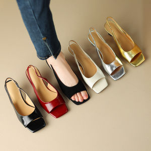 Korean Version of Simple Cowhide Straight Wide Strip Sandals Womens Square Toe Open Toe Fish Mouth Temperament Stiletto Heel Back Tripband High Heels