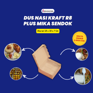 Box Dus Nasi Kotak R8 Kraft Premium Plus Mika Sendok - Ukuran 18x18x7 (100 Pcs)