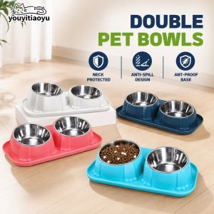 Double Pet Bowl Stainless Steel Elevated Stand Anti Ant Anti Spill Slow Feed Easy Clean For Cats Dogs