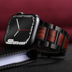 Wooden Red Sandalwood strap + case compatible with apple watch series 7 band 45mm 41mm Stainless Steel Link Bracelet compatible with apple watch band 44mm 40mm 42mm 38mm compatible with applewatch series 6 SE 5 4 3 2 1 Shell Plating Soft Protective Case