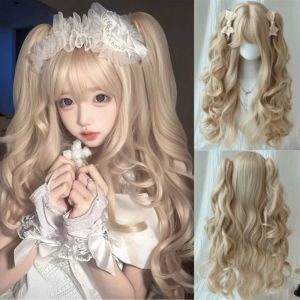 XYAX Tổng hợp Bím tóc đôi dài xoăn Tóc vàng Cosplay Tóc giả Lolita có mái Thoáng khí Tự nhiên Bộ tóc giả Halloween Harajuku Cô gái