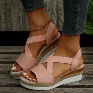 [Free Shipping] Summer Plus-Size Jute Rope Woven Platform High-Heeled Open-Toe Sandals For Women Wedge Beach Shoes