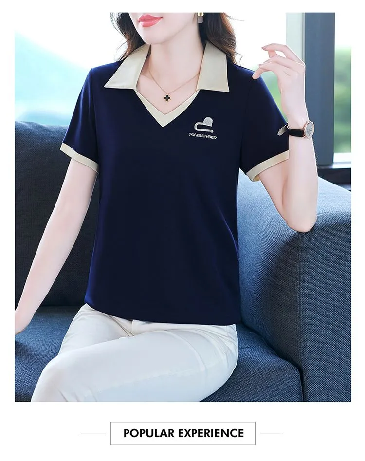 100KG Can Wear New Version Fashion Apricot V-neck Women Short sleeve Polo  shirt Showing Slim Oversized Stand collar T-shirts Female Age reduction  Sweet Lapel tees