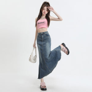 Rok denim pinggang tinggi kasual wanita populer Korea baru dan trendi