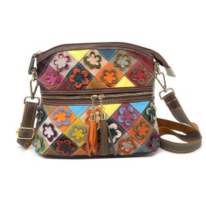 BeeGreen Women Multicolor Genuine Leather Shoulder Bag Fashion Flower Patchwork Sling Bag Large Capacity Leisure Messenger Bag