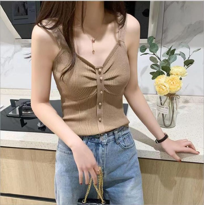 [ส่งเร็วพิเศษ!] NEW-รุ่น-407เสื้อกล้ามไหมพรมแต่งกระดุมคอวีทรงรัดรูป ...