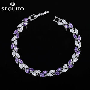 SEQUITO Hot Sale Elegant Fashion AAA CZ Stones Leaf Shape Bracelet for Party Women White Gold Plated Simple Style Bangle Jewelry (Free Extended Clasp) B051