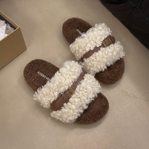 IELGY Fashion teddy curly fur slippers womens 2024 new soft-soled belt buckle straight cotton slippers