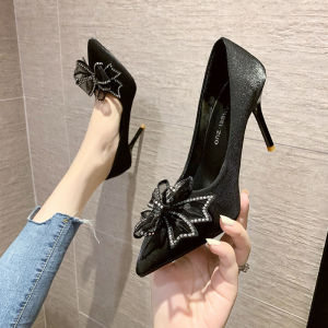 Free Shipping WomenS High Heels New Style With A Thin Heel Bow Detail Rhinestone Embellishments Pointed Toe And Shallow Opening