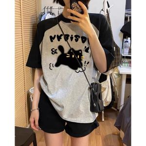 Raglan Sleeves Loose Print Contrasting Color Short Sleeved T-shirt Cute Cat Print Casual Top