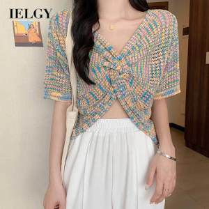 IELGY ice silk short-sleeved sweater summer navel loose short trend irregular hollow rainbow knotted chic blouse women