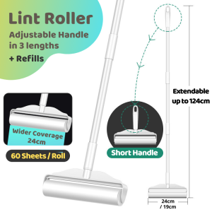 Lint Roller Sticky Roller Pet Hair Roller Long Handle Sticky Mop Extendable Handle 60 Sheets 19cm Wide Hair Removal Clothes Furniture Cleaning [SG]