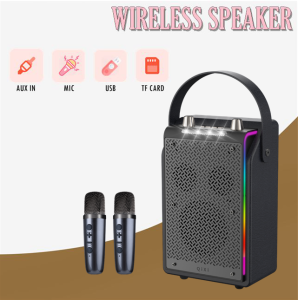 QIXI SK-2070 KARAOKE Wireless Bluetooth Speaker Extra Bass Sound with Dual Wireless Microphone & Colorful Flashing Light