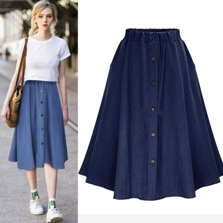 Extra High-Waisted A-Line Midi Jean Skirt