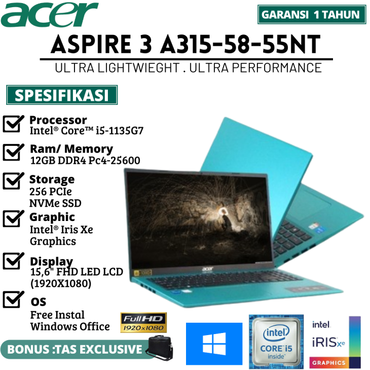LAPTOP ACER ASPIRE A315-58-55NT CORE I5 RAM 12GB SSD 256GB LAYAR  Electric Blue Lazada Indonesia - Technical View