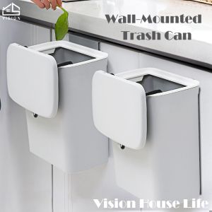 Vision Wall Mounted Trash Can Nordic Sliding Cover Dustbin Kitchen Garbage Can with Cover 9L Large Capacity Toilet Bedroom Living Room Creative Trash Can