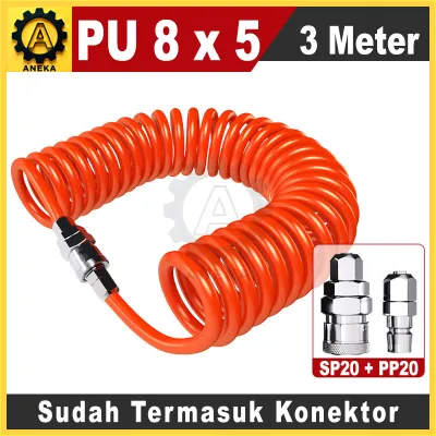 Selang Spiral Recoil Kompresor Angin Hose 8mm x 5mm PU 3M / 6M / 9M / 12M + Konektor SP20 + PP20