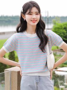 Áo thun dệt kim nữ tay ngắn kiểu kẻ sọc ngũ sắc sinh động thiết kế Quảng Châu cao cấp
