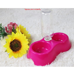 Chén ăn cho Chó Mèo 2 ngăn bằng nhựa PP kèm bình nước tự động (mẫu mới) - Hara Pet Store