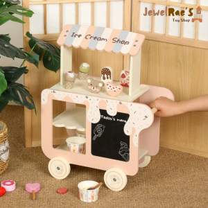 JewelRaes Lily Ice Cream Cart Playset Wooden Ice Cream Toys Dessert Shop for Kids with Chalkboard Menu