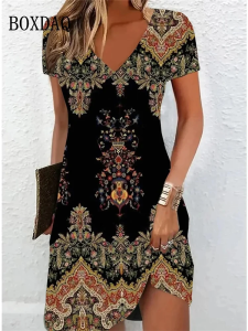 2026 Retro Women Dresses Ethnic Style Floral Print Loose Midi Dress Plus Size Casual Short Sleeve Pullover V-Neck Dress Sundress
