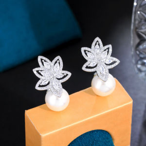 SEQUITO Gorgeous Women Jewelry White Gold Plated Full Pave Sparkling AAAAA Cubic Zirconia Noble Pearl Pendant Flower Drop Earrings for Anniversary Gift SE832