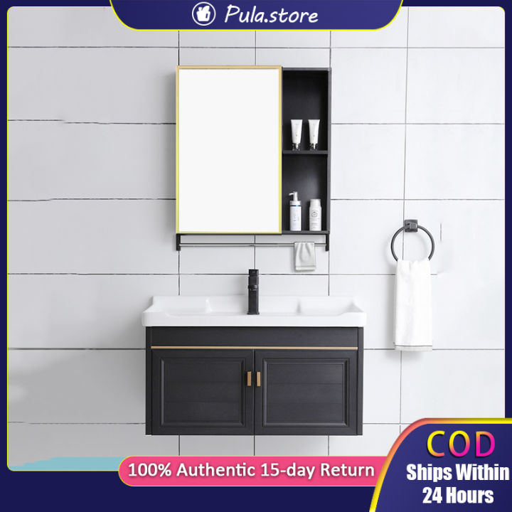 40/60/cm Black Aluminum Bathroom Sinks Basin Set Ceramic Lavatory Sink with Mirror and
