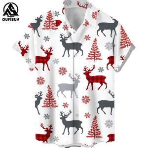 【Oufisun】เสื้อยืดคริสต์มาสผู้ชายลายกวางเรนเดียร์สีแดงขนาดใหญ่แขนสั้นสำหรับคริสต์มาส 2569-2026
