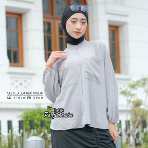 Kemeja Wanita Lengan Panjang Polos Saku Depan Bahan Crinkle Airflow Grade A Atasan Baju Kerja Kantor Casual Hijau Tua Abu Muda By Batikpanjikhamim.store